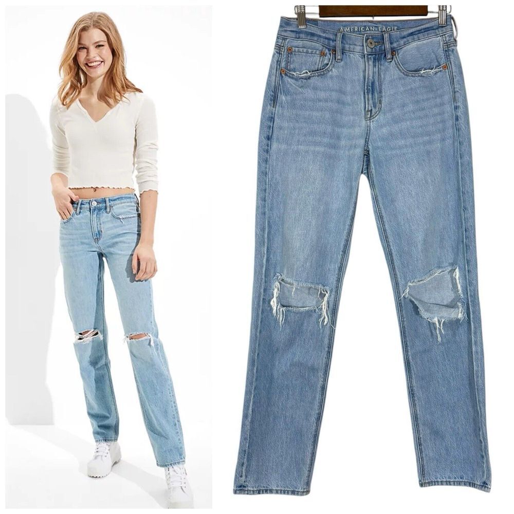 American Eagle 90s Straight Jeans | Size 4 | Ripped Distressed Baggy Denim‎